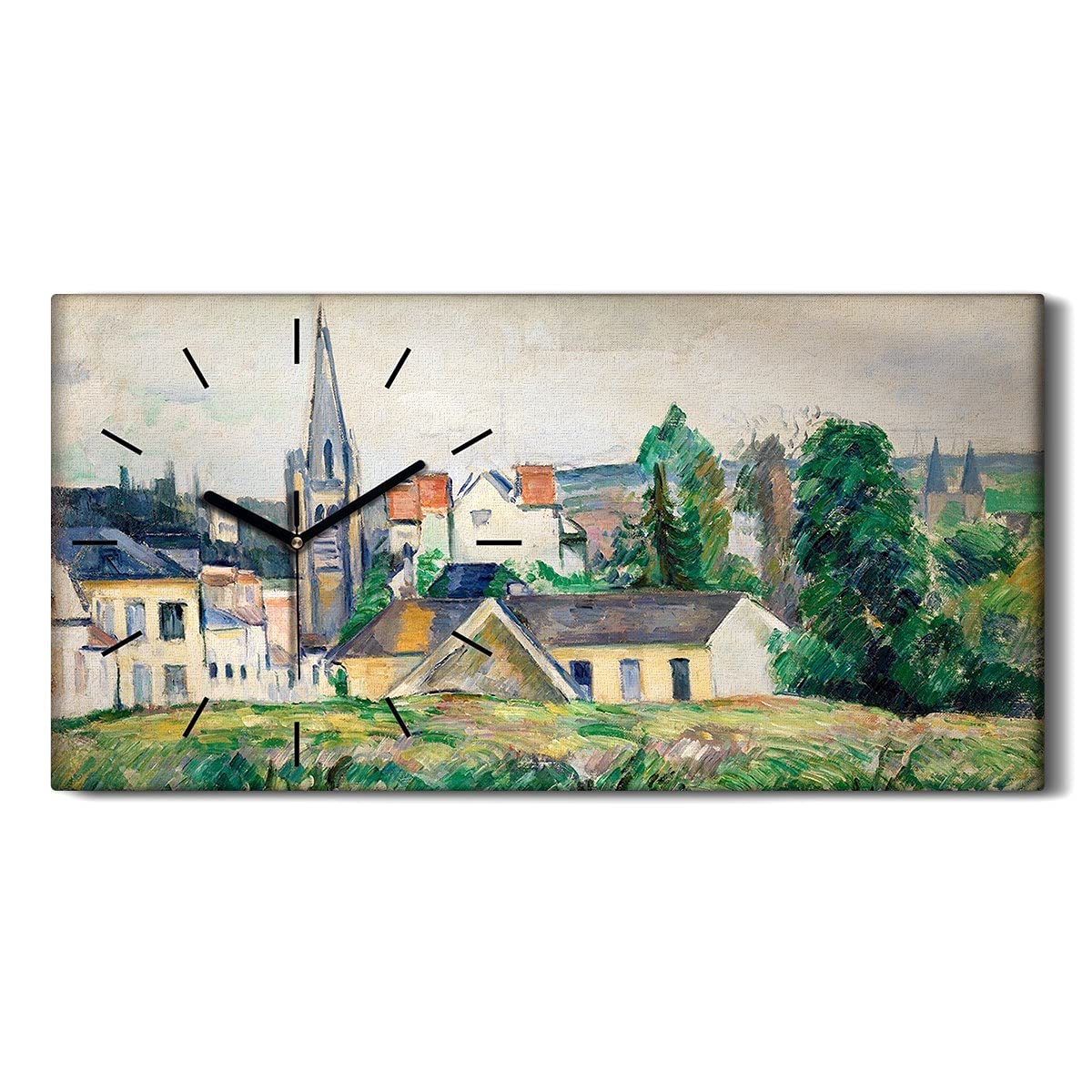 Horloge sur toile ne pas tic tac avec aiguilles noires tableau village