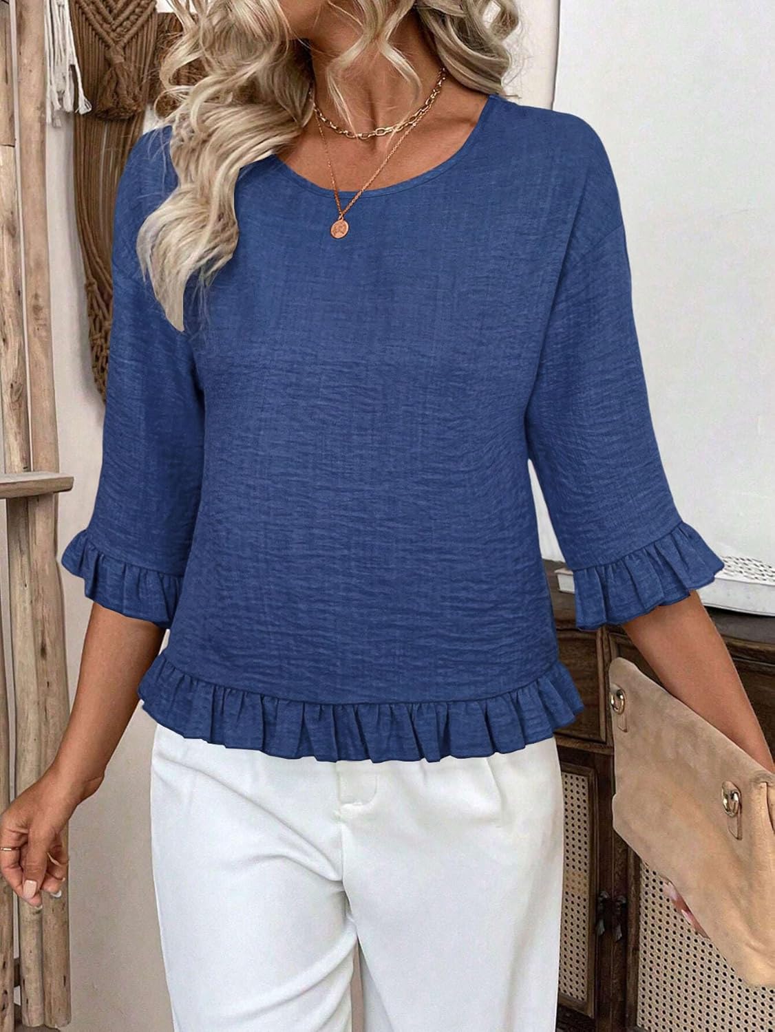 Urchics Womens Ruffle 3/4 Sleeve Tops Casual Linen Blouses Crew Neck Drop Shoulder Dressy Shirts Fall Outfits - Image 3
