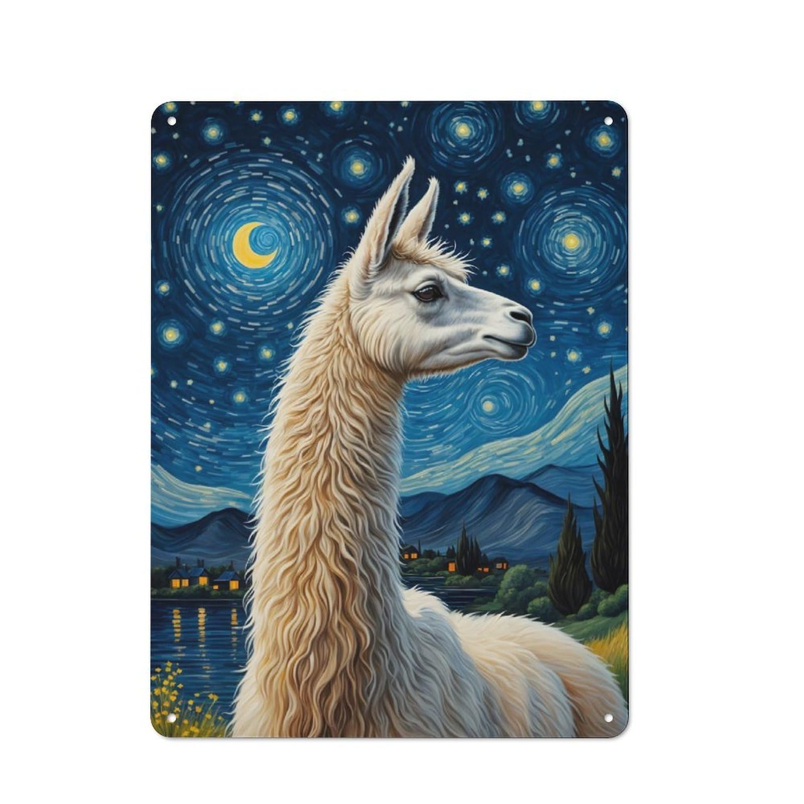 Junmoney Llama Starry Night 40X30cm Retro-Style Tin Sign With For Café Or Restaurant, Winter Wall Decor For Hospitality Interior Collectors