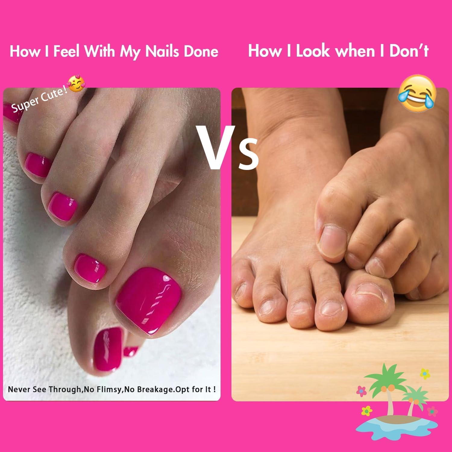 KQueenest Ombre Pink Toe Press on Nails Short, Glitter French Press on Toenails Square, Cute Designed Fake Toe nails for Women Summer, Reusable Toe Acrylic Nails 24 Pcs