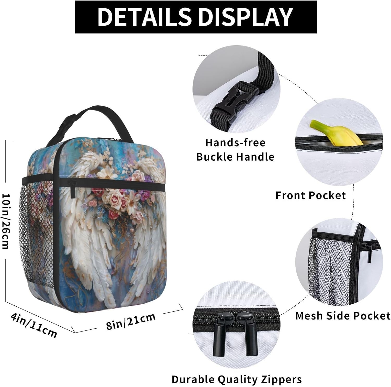 Angel Wings Floral Portable Lunch Bag, Insulated Lunch Box Reusable Totes for Women Men Adults, Lunchbag for Work Picnic Camping image 2