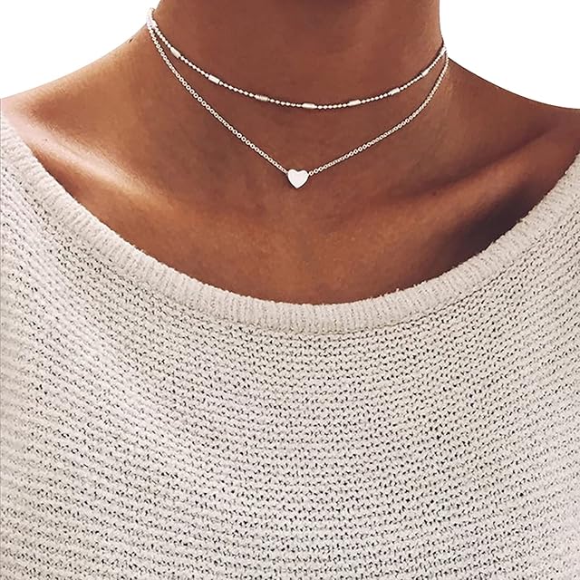 Heart Layered Choker Necklace Silver Heart Charm Layered Necklace Alloy Layered Heart Pendant Necklace Jewelry for Women Girls (Silver)