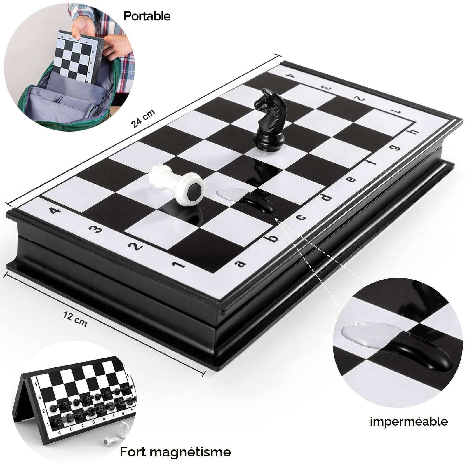 Jeu d'échecs de voyage 24,1 cm : échiquier magnétique pliable avec instructions (français non garanti) pour adolescents et enfants Jeu d'échecs de voyage 24,1 cm : échiquier magnétique pliable avec instructions (français non garanti) pour adolescents et enfants