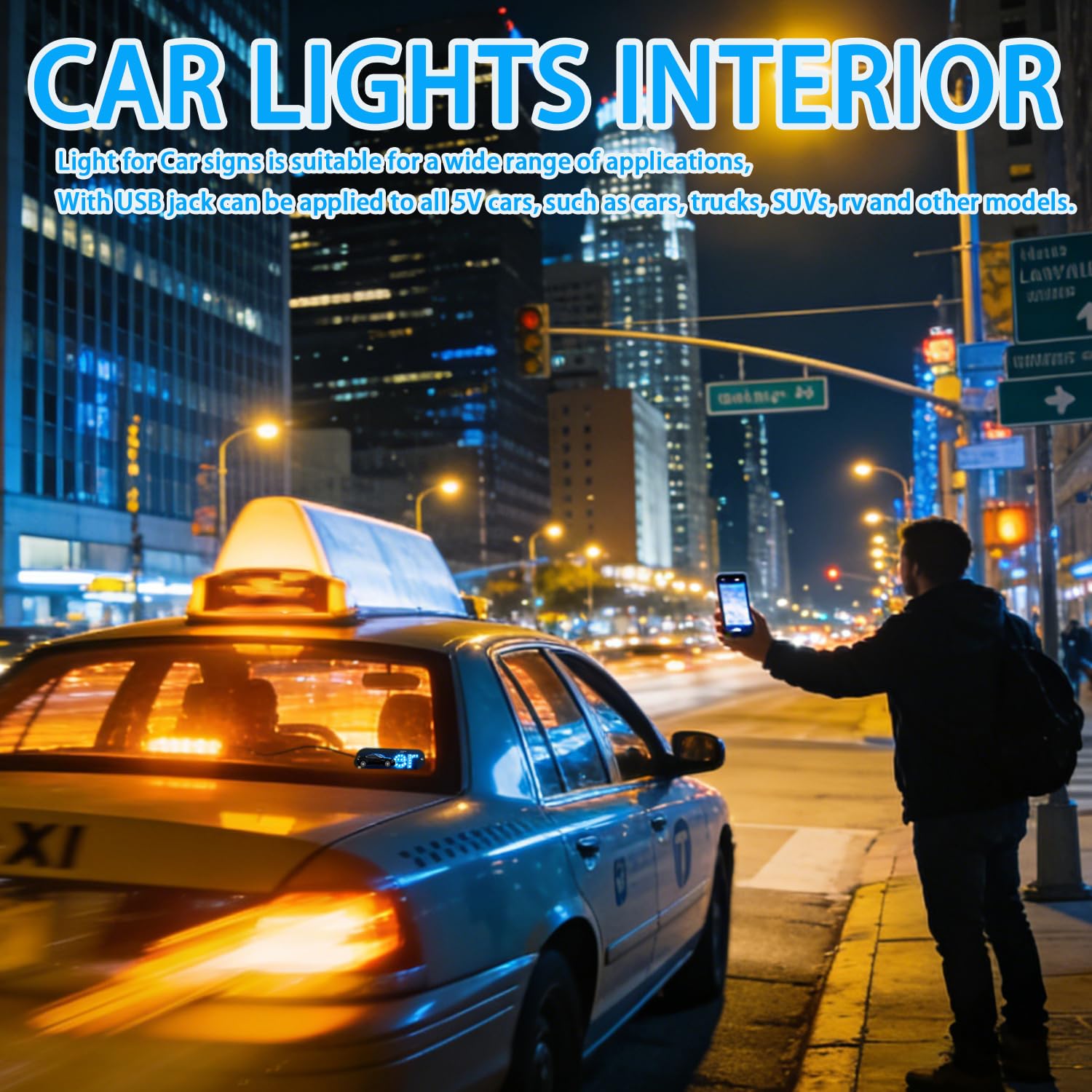 Blue LED Light Sign for Car, Taxi Windshield Light Sign, USB Plug Car Interior Lights Taxi Indicator Lights USB Cable Taxi Sign Light Windshield Car LED, Decal with Suction Cups Flashing Hook — view 8