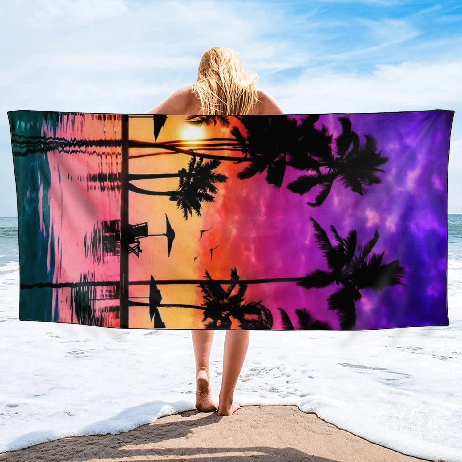 Oversized Beach Towel Quick Dry Sand Free Lightweight Microfiber Beach Towels for Swim Pool Camping Travel, Seaside Sunset Coconut Palm Trees, 36"x72" - Image 2