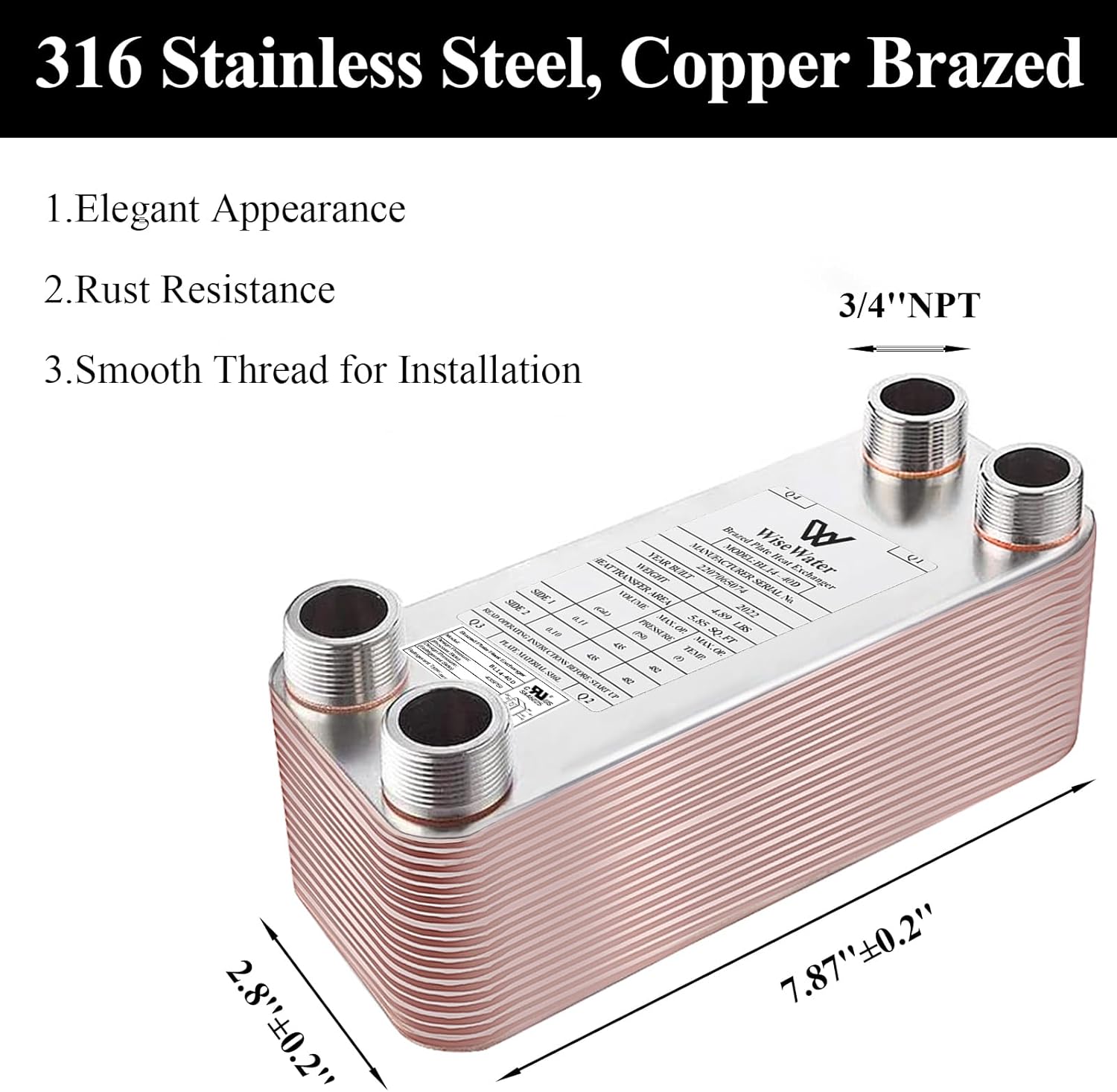 AB Plate Heat Exchanger, 3"x8" 30 Plates Water To Water Heat Exchanger, Copper/SS316L Stainless Steel Brazed Plate Heat Exchanger For Floor Heating, Water Heating, Snow Melting