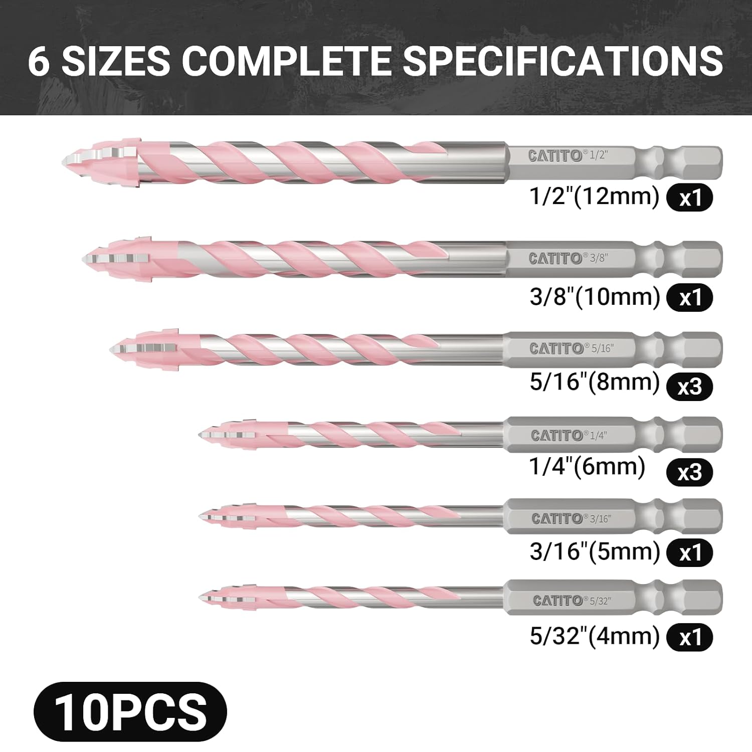 CATITO Multi-Tooth Concrete Drill Bit Set - 10PCS - Pink, Multi-Tooth Masonry Drill Bit, Carbide Tipped, Hexagonal Shank Drill bit, Glass, Brick, Ceramics, Plastic and Wood