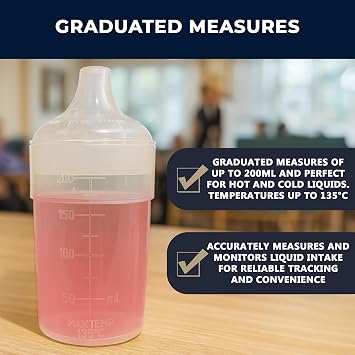 Chabrias Ltd 2 Pack Feeding Beakers 200ml UK Made- Clear with Wide & Narrow Spout Lids Controllable Flow – Reusable, Microwave Safe, Adult Sippy Cup, Spill-Proof, Autoclavable, Care Homes, Nursing