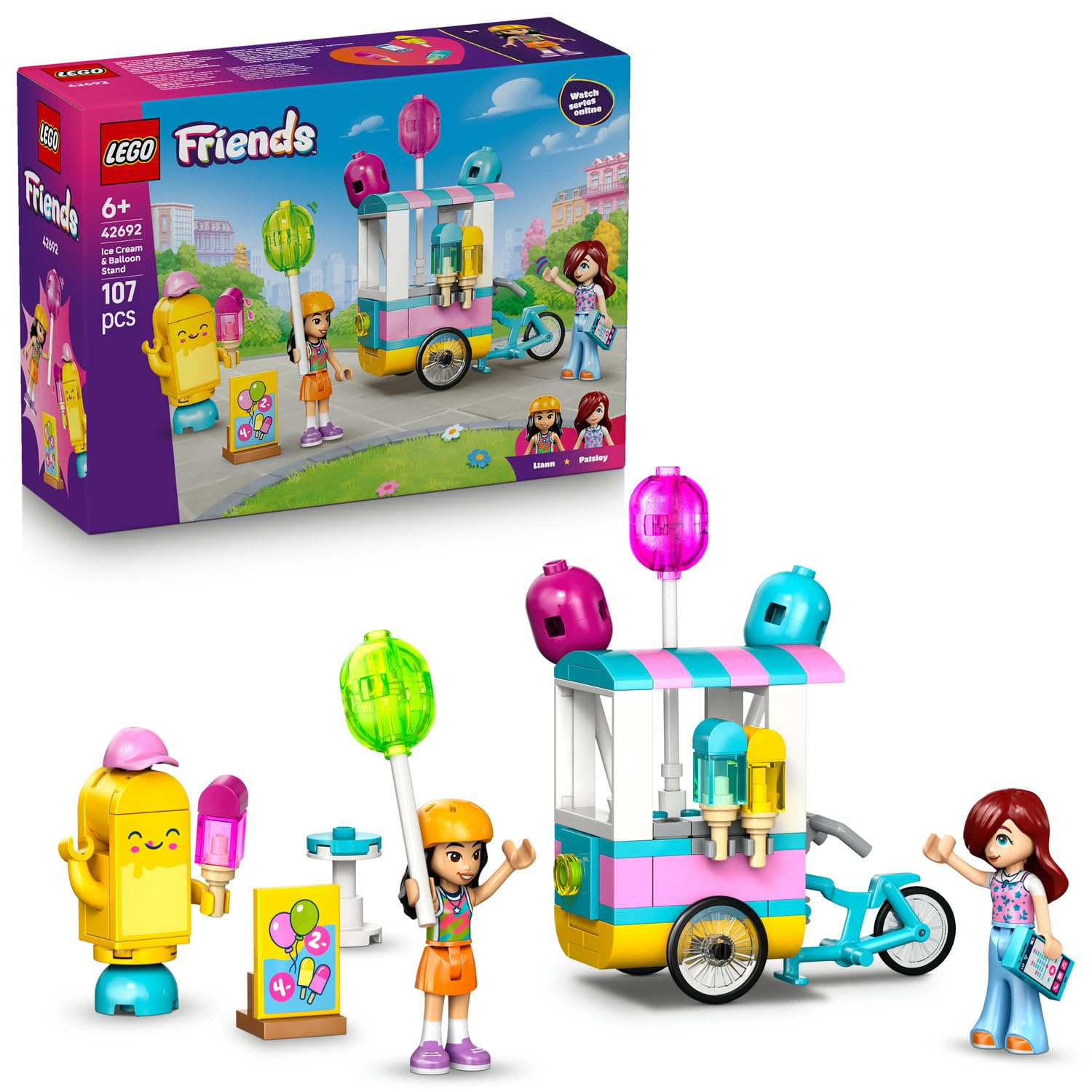 LEGO Friends Dondurma ve Balon Standı 42692 – 6 Yaş ve Üzeri Çocuklar için Liann ve Paisley Mini Bebekleri ile Çeşitli Aksesuarlar İçeren Yaratıcı Oyuncak Yapım Seti, Hediye Fikri (107 Parça)