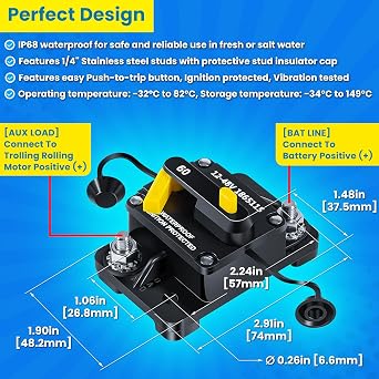 1865115 MKR-27 Circuit Breaker 60 Amp for Minn Kota Freshwater and Saltwater Trolling Motors Marine Boat Battery Accessory RV Truck Car 12V/24V/36V/48V DC Systems Waterproof Heavy Duty