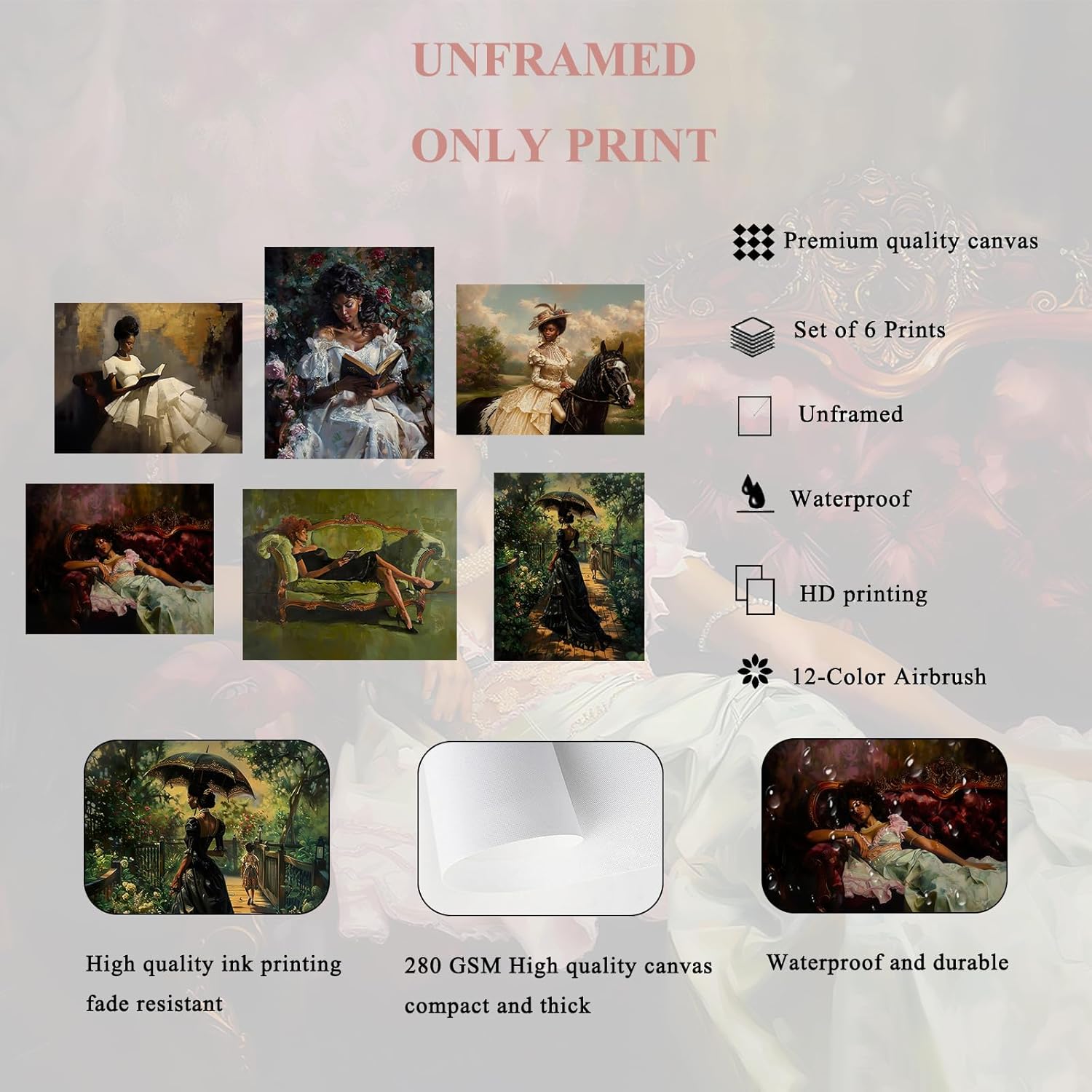 Eclectic Wall Art Decor Black Women Reading Canvas Prints Set Of 6 African American Victorian Wall Art Modern Maximalist Artwork Prints Vintage Gallery Set Funky Posters for Home Decor 8x10in Unframed - Image 3