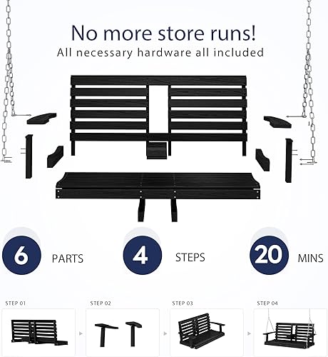 Miniatura 6 de KINGYES Silla columpio colgante para patio al aire libre, columpio de 2 asientos con portavasos, banco impermeable para patio y jardín, capacidad de