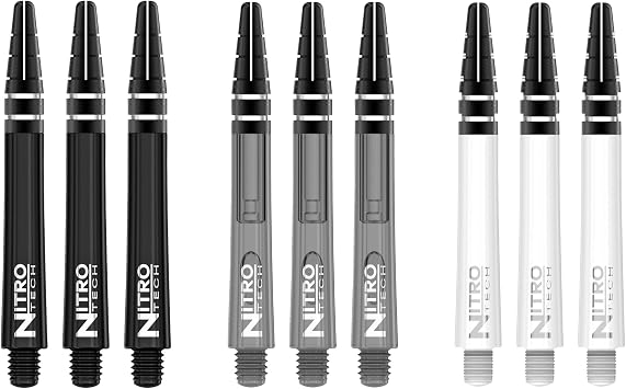 RED DRAGON Nitrotech Medium Dart Shafts - Flight Locking System for Secure Setup & Compact Control - Transparent Polymer, 42mm, 9 shafts Shafts (3 Sets), Black, Gray, White