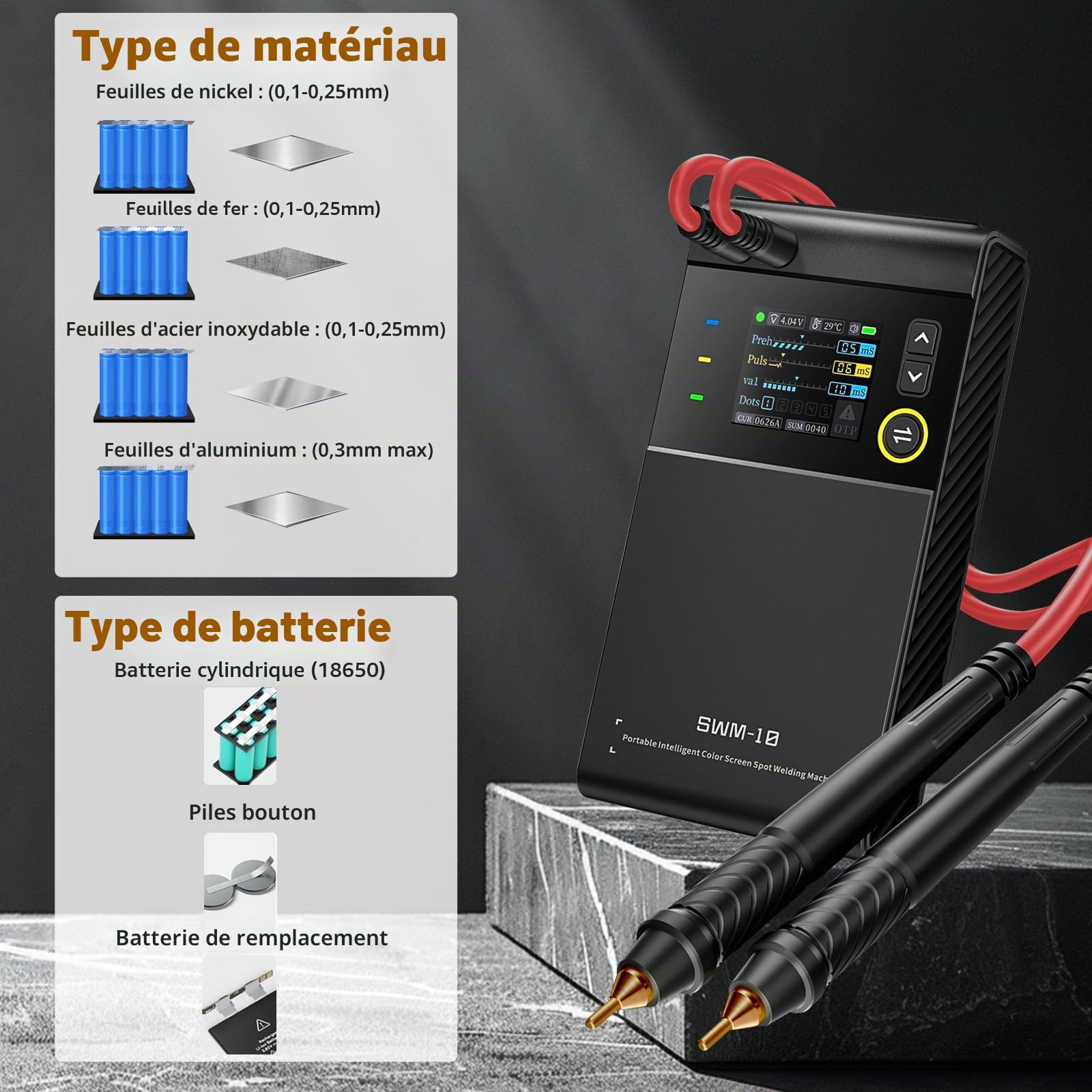 Poste à souder par points pour batteries, spot portable 5000 mAh avec courant de soudage 1200 A, tête de broche en laiton amovible, 0,1-0,25 mm nickel/fer/acier inoxydable/tôle d'aluminium