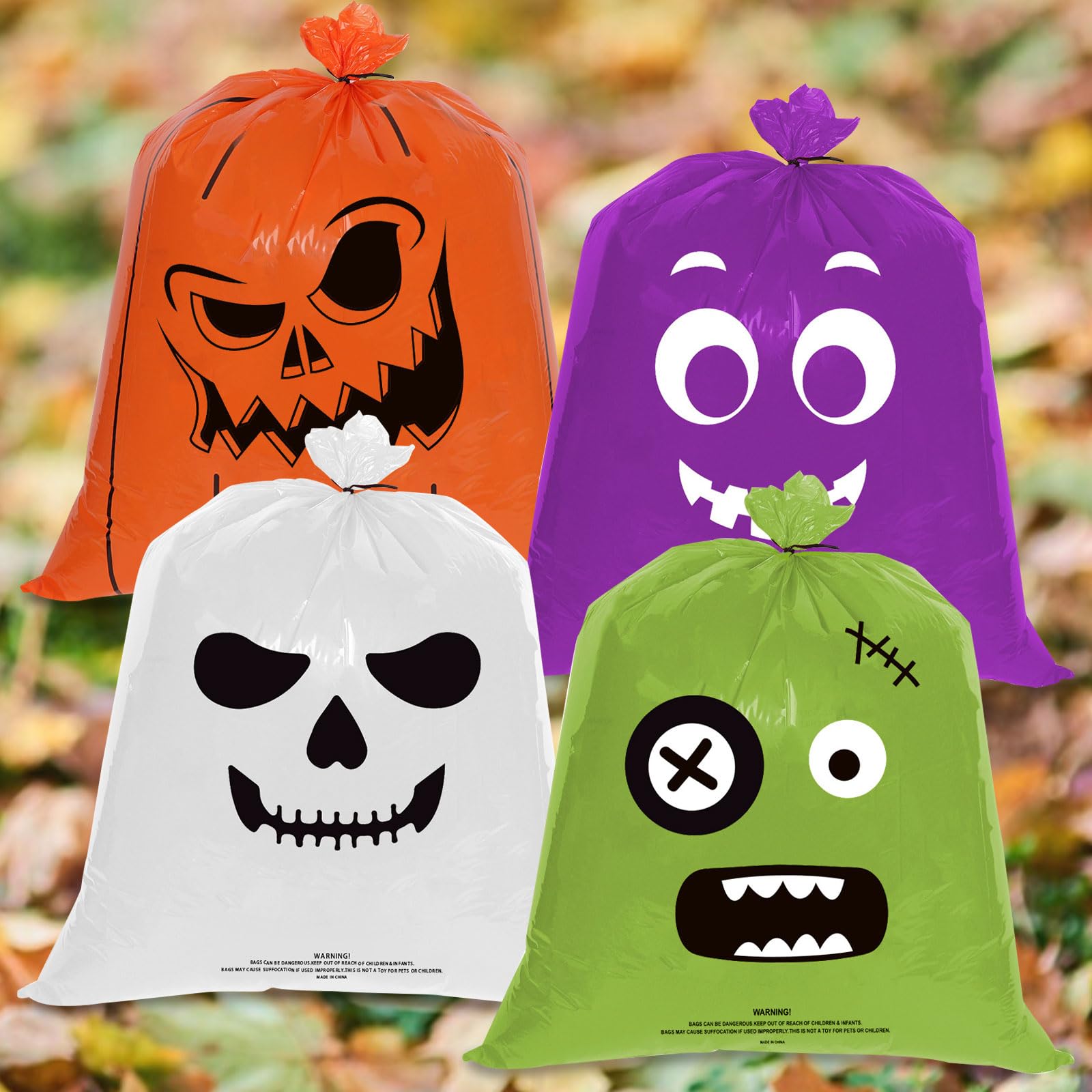 On-Airstore 4 Pcs Halloween Pumpkin Lawn Leaf Bags Yard Trash Bags for Fall Porch Decorations Large Reusable Plastic Garden Waste Bag Heavy Duty Leaf Bag Halloween Party Decorations Indoor Outdoor