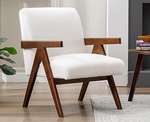 Kmax Silla decorativa blanca de piel de cordero moderna para sala de estar, marco de madera para habitación de invitados, dormitorio, lectura, ocio,