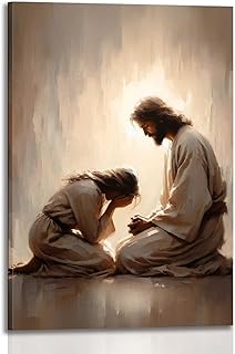Framed Jesus Comforting Woman Canvas Print Wall Art Religious Canvas Print, Inspirational Christian Picture Spiritual Poster, Home Church Office Living Room Decor Ready to Hang 12x16 Inch