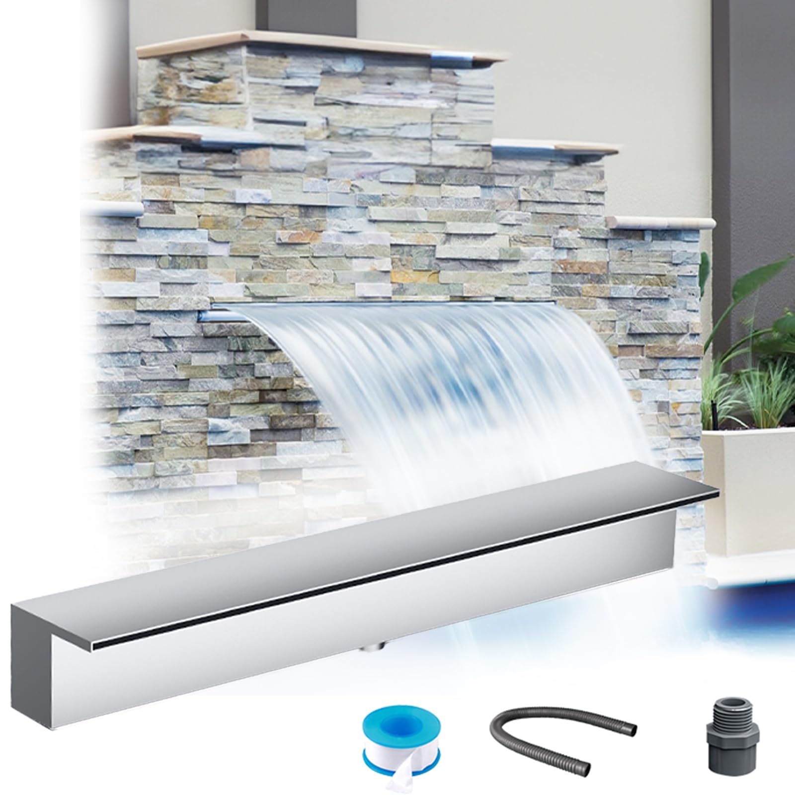 Générique Déversoir de Fontaine en Acier Inoxydable avec Cascade pour piscines et terrasses - Élément décoratif d'eau intérieur/extérieur avec Jet d'eau et Accessoires pour la détente et la sérénité