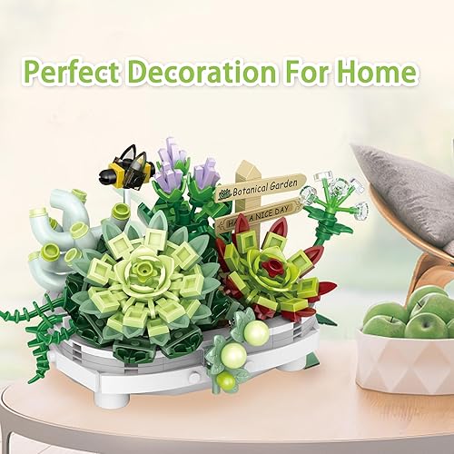 Miniatura 6 de Juguetes de construcción de suculentas para adultos, conjuntos de construcción de juguetes de colección botánica de bonsái, plantas y flores DIY