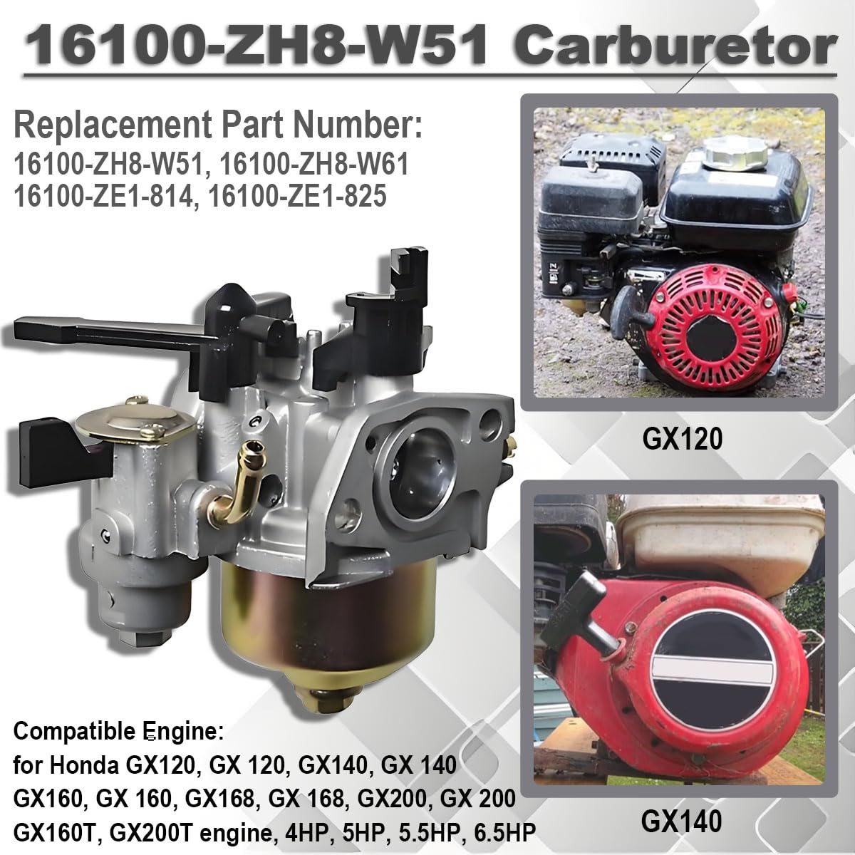 GX120 GX140 GX160 Vergasersatz für Honda 4HP 5HP 5.5HP 6.5HP Motor 196cc WP20 Wasserpumpe HS55K2 Schneefräse 212cc 6.5hp Go Kart 179CC Hochdruckreiniger Mini Bike 16100-ZH8-W51
