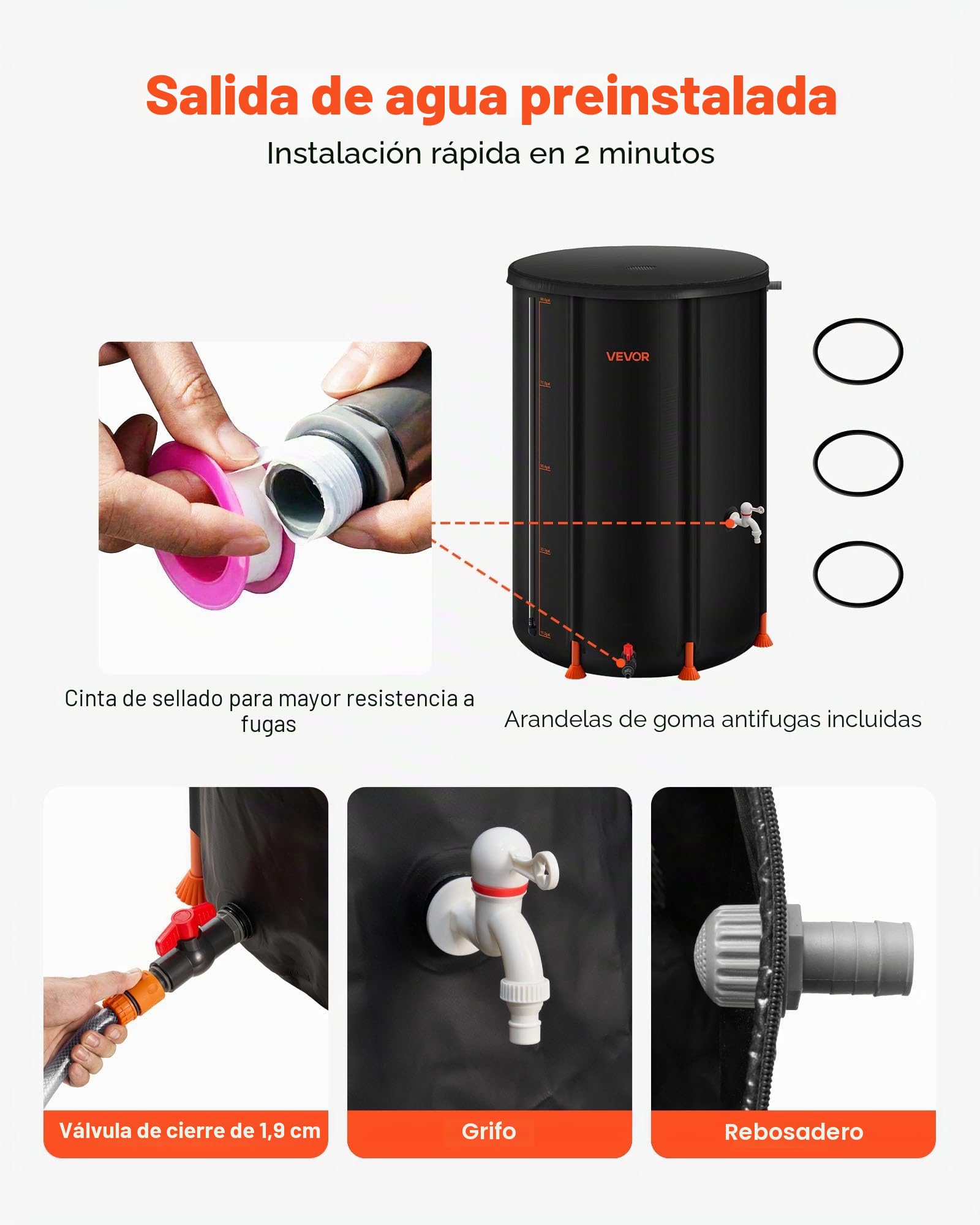 VEVOR Barril de Lluvia Plegable, Barril Portátil de 250 L de PVC 500D para Recolección de Agua de Lluvia, Contenedor de Almacenamiento de Agua para Jardín con Grifo y Kit de Desbordamiento, Negro