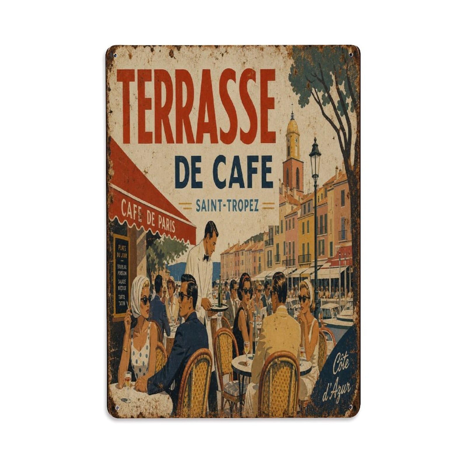 French Village Travel Retro Riviera Lifestyle Metal Tin Sign Plaque Wall Decor for Cafe, Man Cave, Club Bar, Office, Home Garden Round Metal Poster 8x12Inch