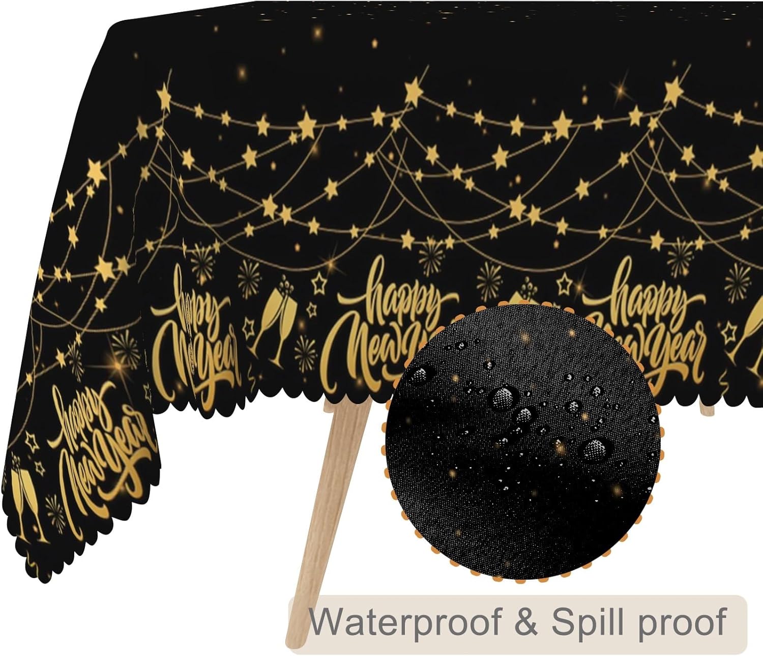 54x108in Happy New Year Tablecloth Black Gold Stars Fireworks Champagne Washable Reusable Fabric Table Cover for New Year Eve Party Decorations