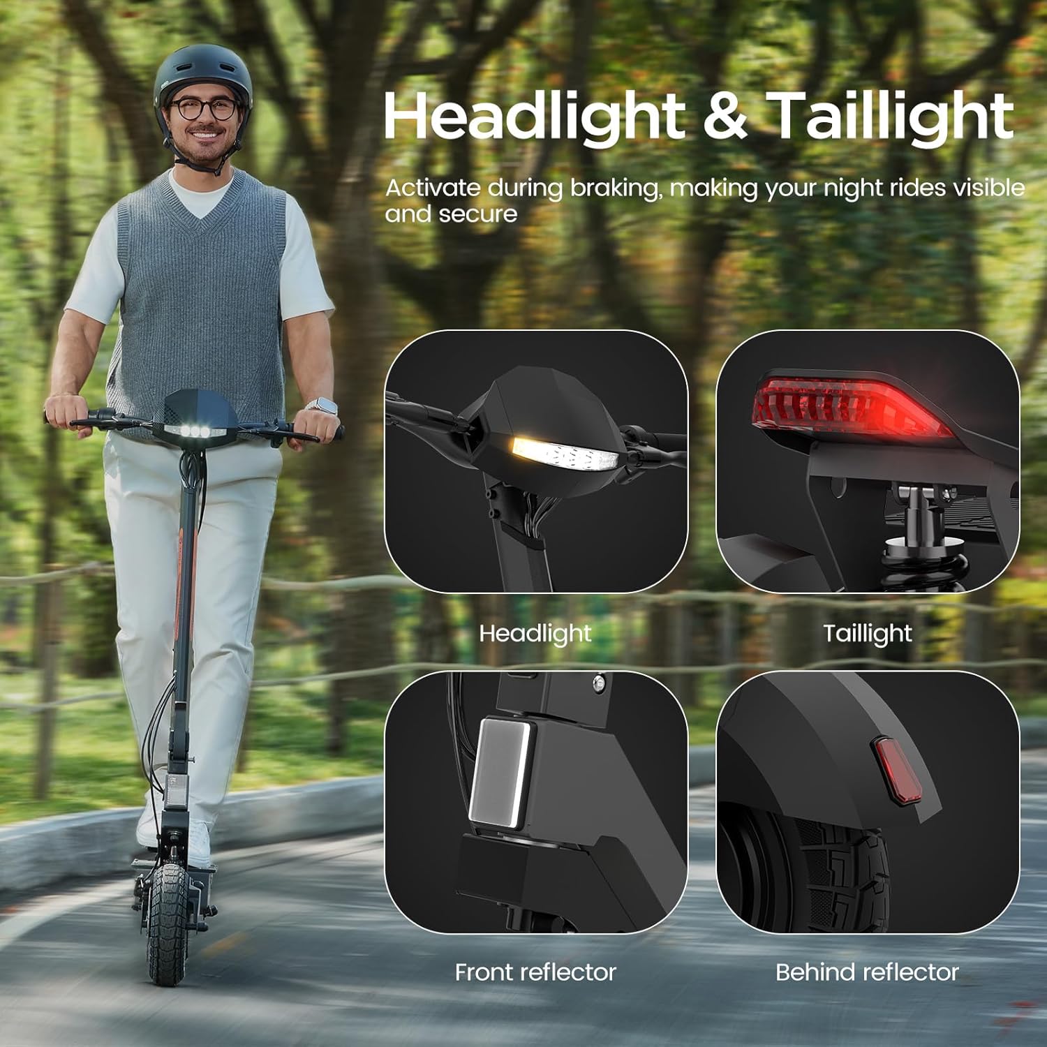 Yadea G10 Headlight and Taillight details, including front and rear reflectors.