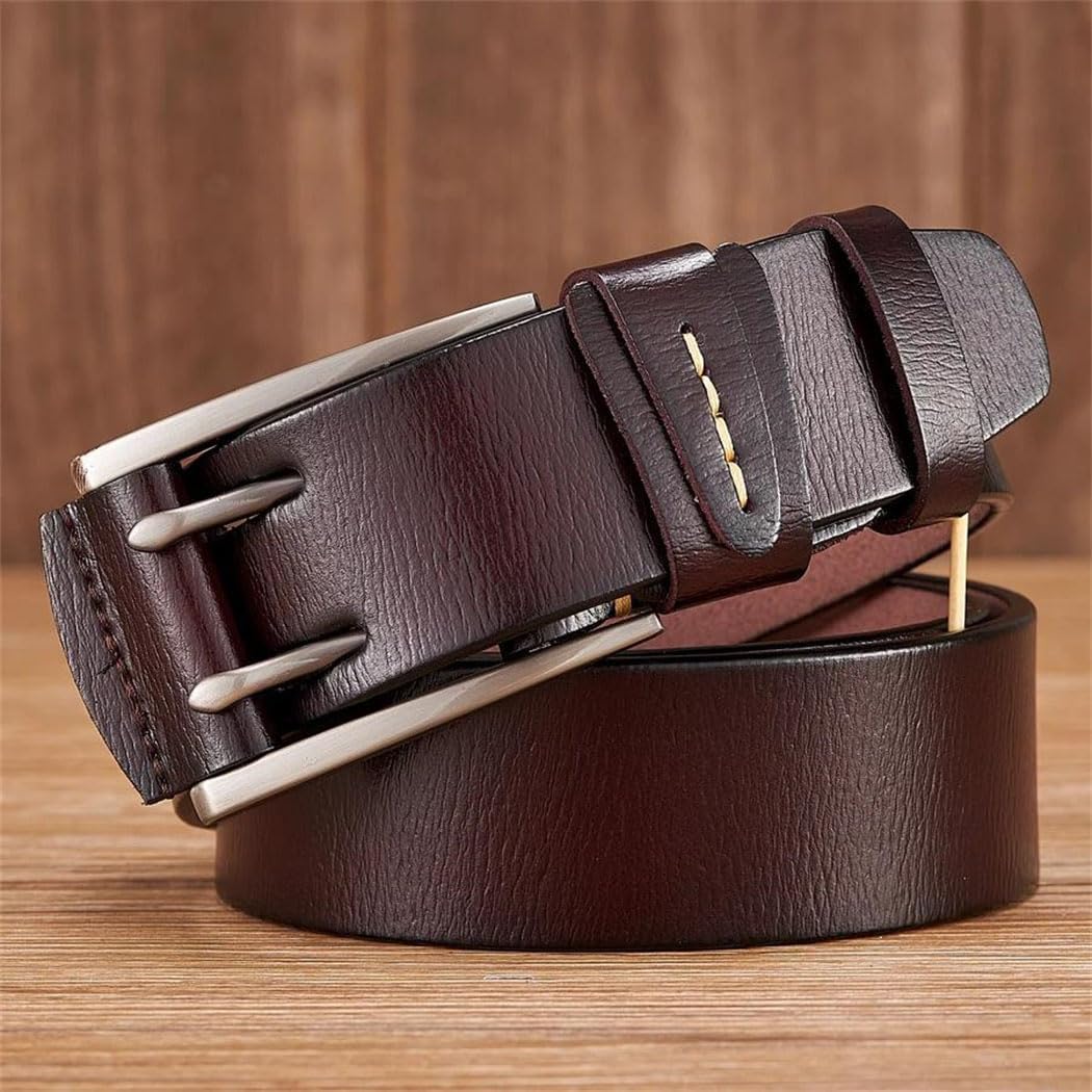Men's Leather Belt - 4 cm Wide Cowhide with Double Pin Buckle, Vintage Western Style
