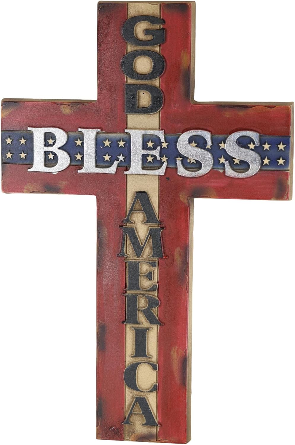 Ebros Gift Rustic Western American Flag Colors God Bless America Patriotic Wooden Wall Cross Decor Plaque 14" Tall Christian Accent Decorative Crosses