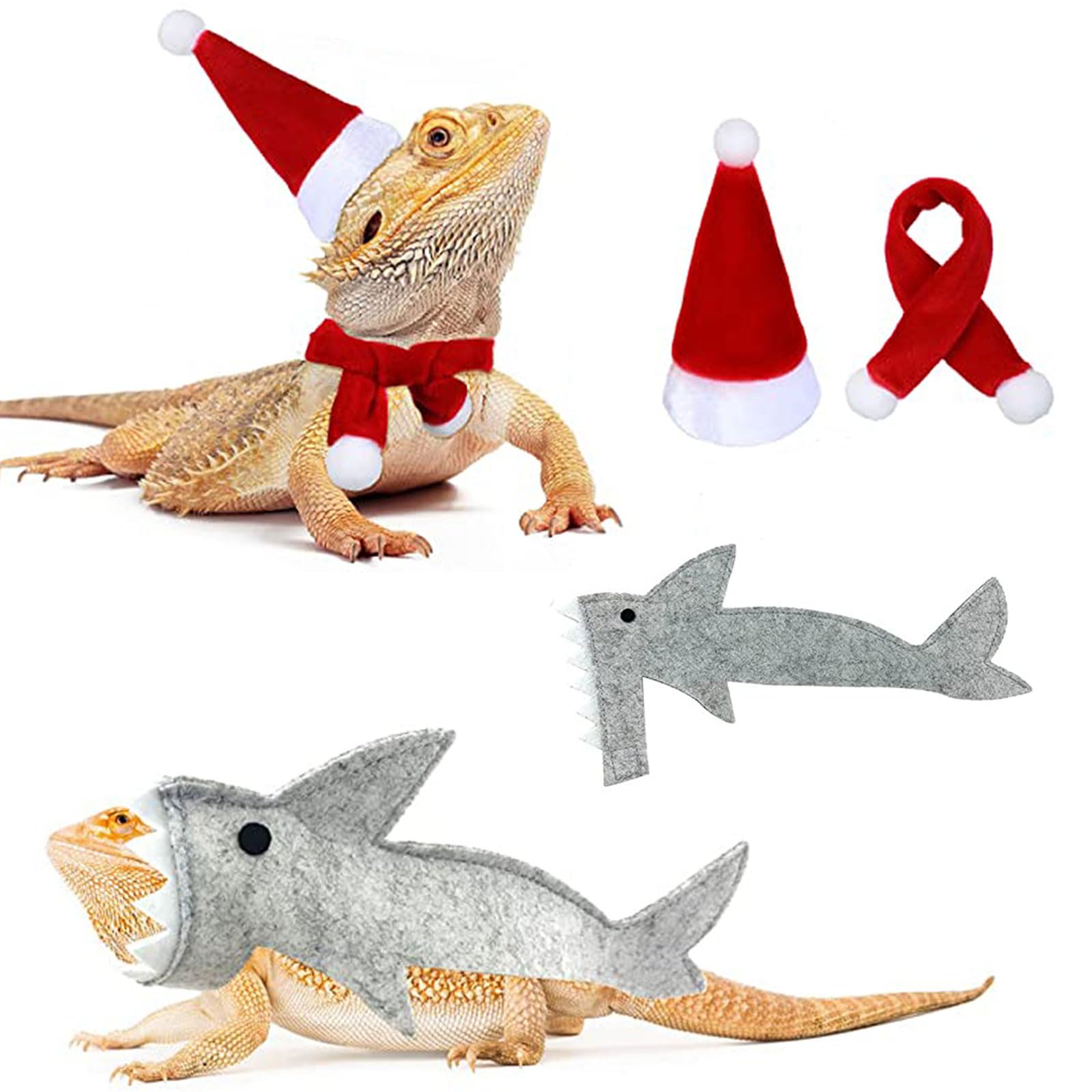 Reptile Santa Hat Scarf Shark Outfit Set, Lizard Clothes Pet Bearded Dragon Shark Costume Christmas Halloween Clothing Accessories