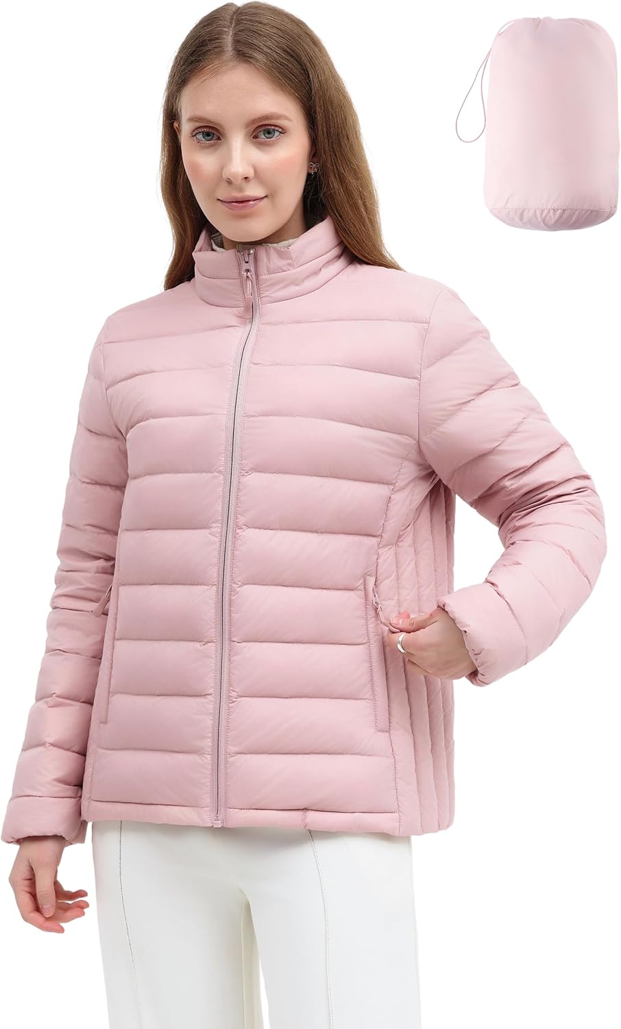 Packable Puffer Jacket Women Lightweight Stand-collar Full Zip Quilted Padded Water-Resistant Winter Fleece Coat