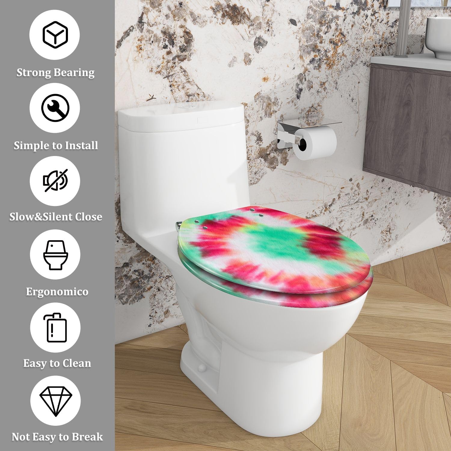 Asiento de inodoro alargado de resina con cierre suave para baño.