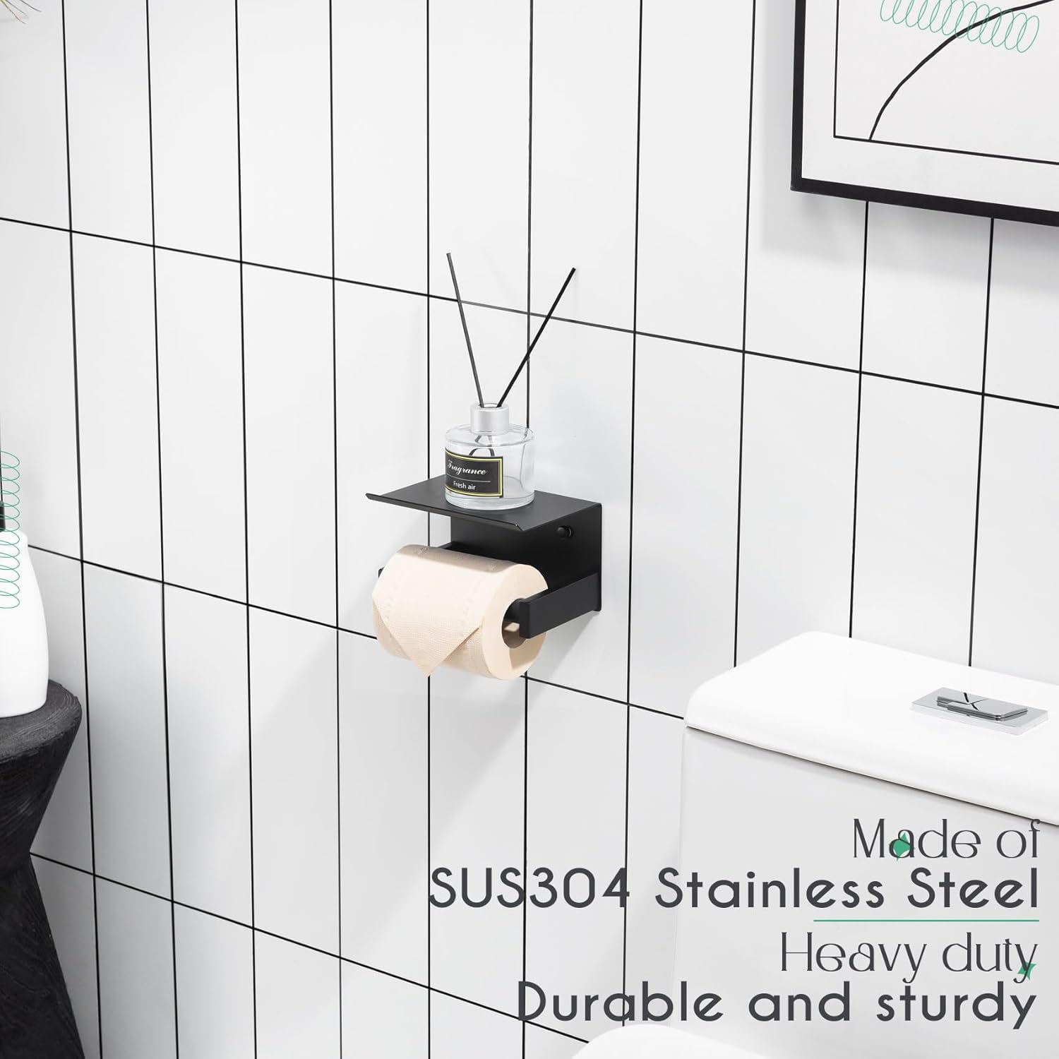 KOKOSIRI Roll Paper Holder Spring Loaded Tissue Paper Holder Bathroom Toilet Roll Holder with Shelf Wall Mounted Stainless Steel Matte Black B2012BK