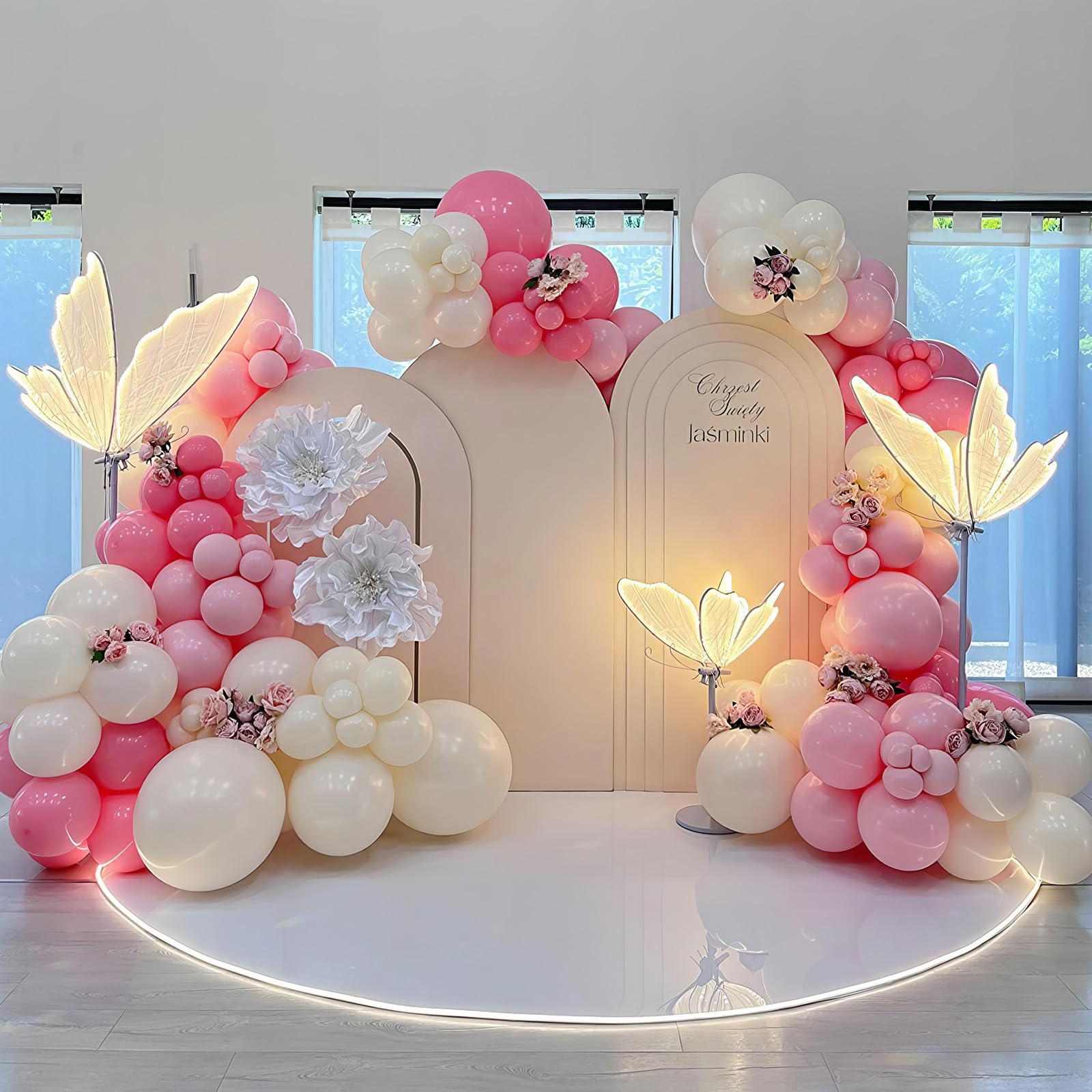 HILAVO Zestaw łuków balonowych z różowymi i białymi balonami, girlanda, 91 szt., , dekoracja urodzinowa, biały, pastelowy, jasnoróżowy, kokarda, balon dla dziewcząt, księżniczki, na baby