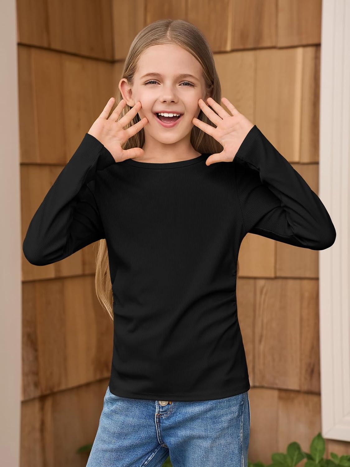 Haloumoning Girls Long Sleeve Shirts Crewneck Ruched Side Slim Fit Tops Ribbed Knit Casual Tee Shirt 4-15 Years - Image 3