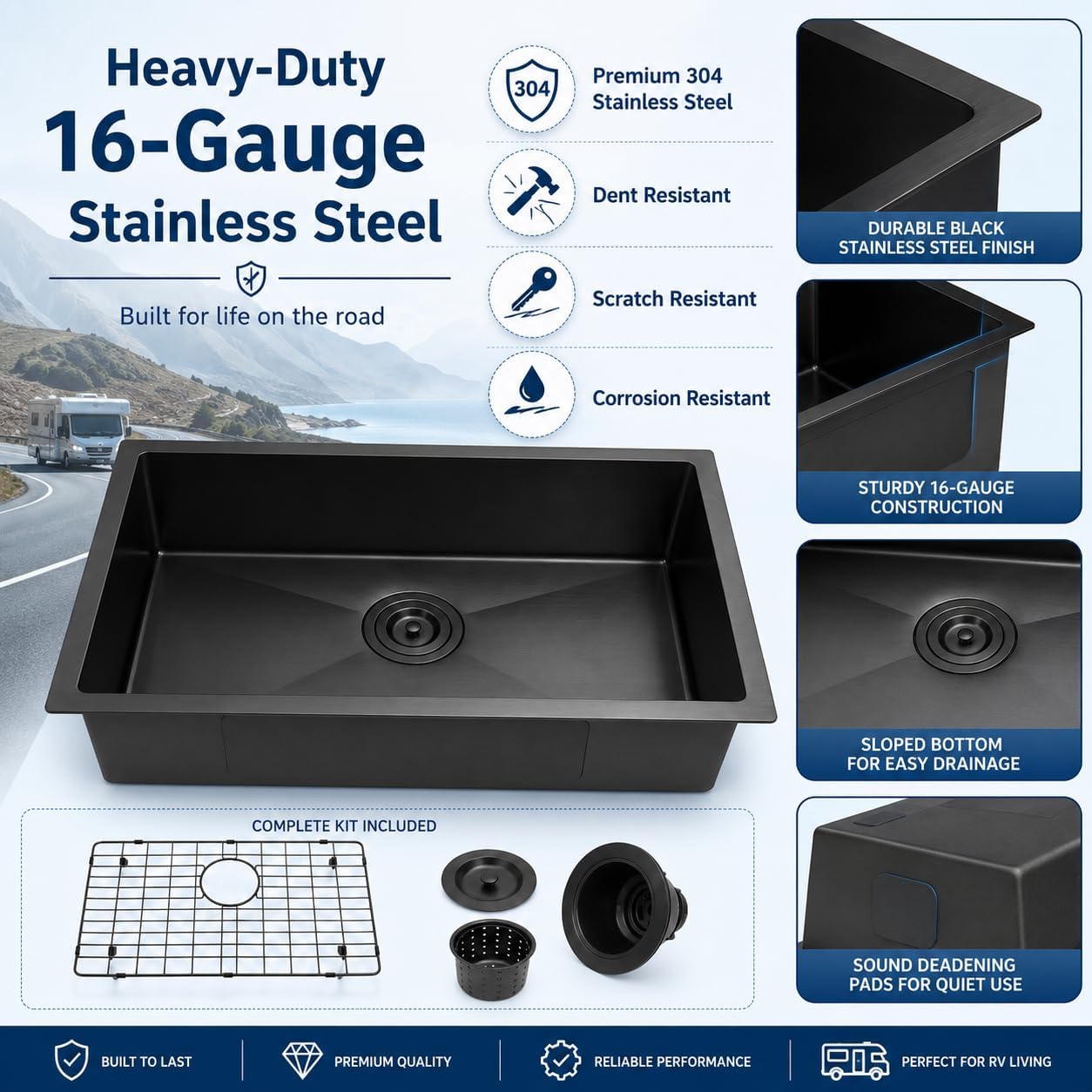 MILOSEN Black RV Kitchen Sink, 25''×15''×7''16 Gauge T304 Stainless RV Sink image 5