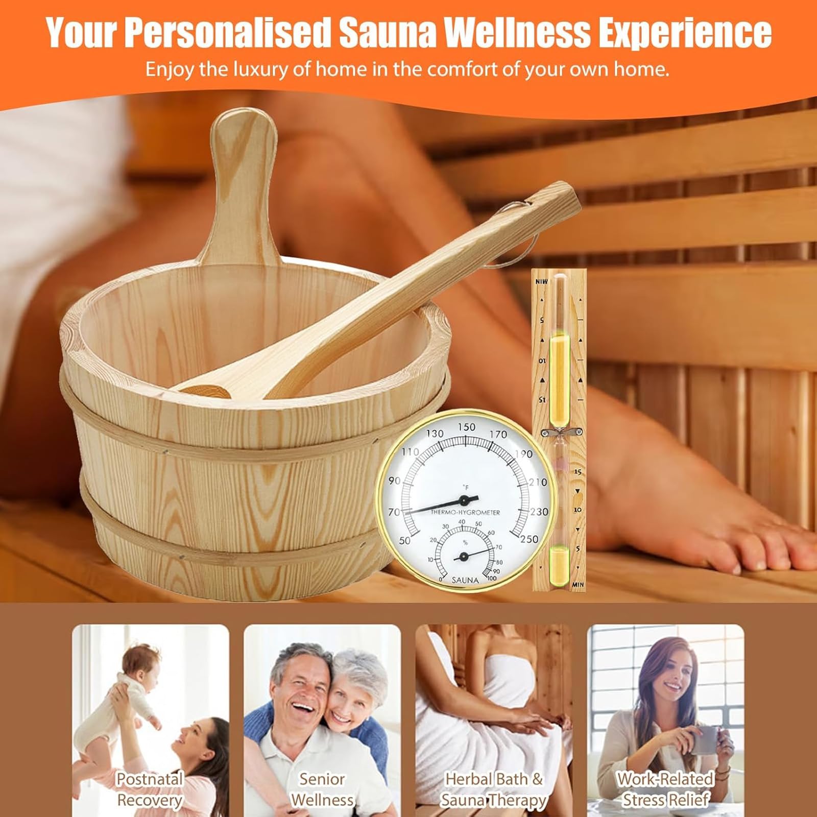 Juego de cubos para sauna (4 litros), cubo de sauna con paleta, cubo de sauna de madera con cucharón, reloj de arena, termo, higrómetro, cubo de sauna resistente al calor, 4 l, incluye inserto