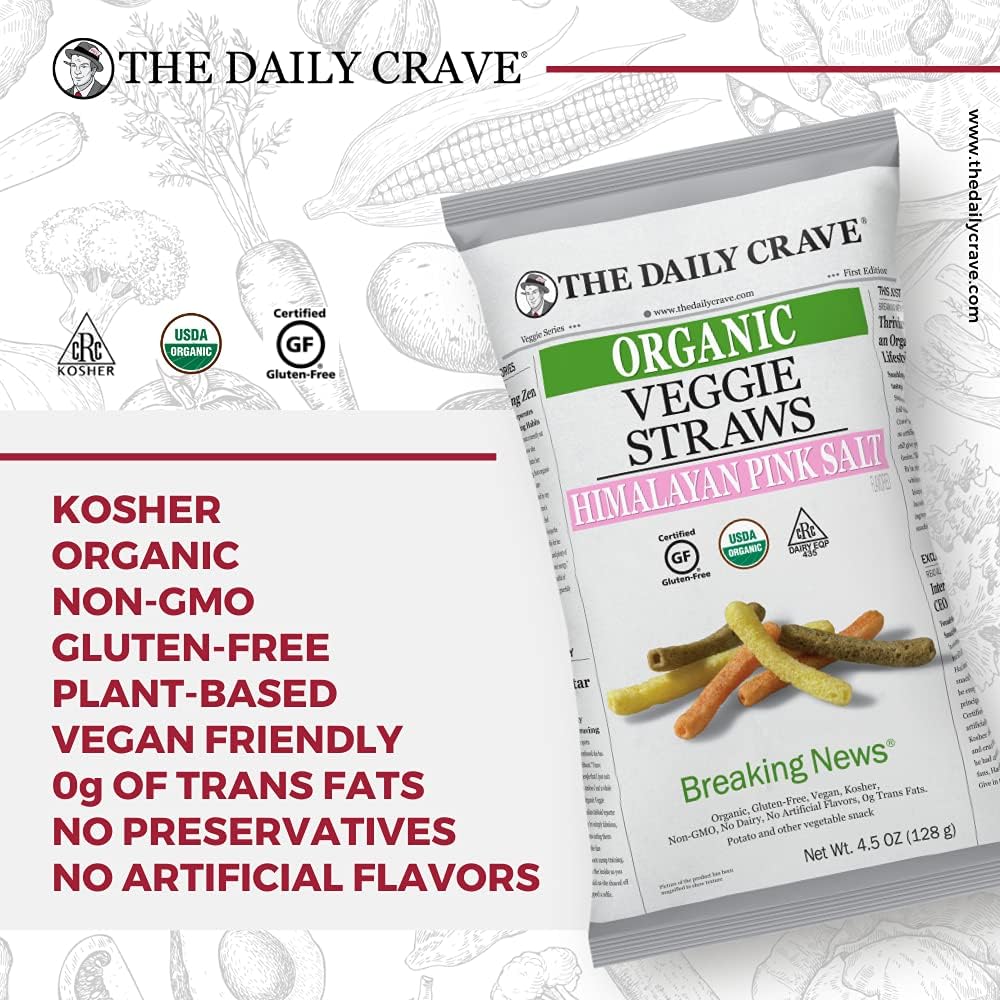 The Daily Crave Organic Veggie Straws, Crunchy Veggie with Himalayan Pink Salt, 4.5 Ounce (Pack Of 8) Gluten-Free, Vegan, Kosher, Crunchy
