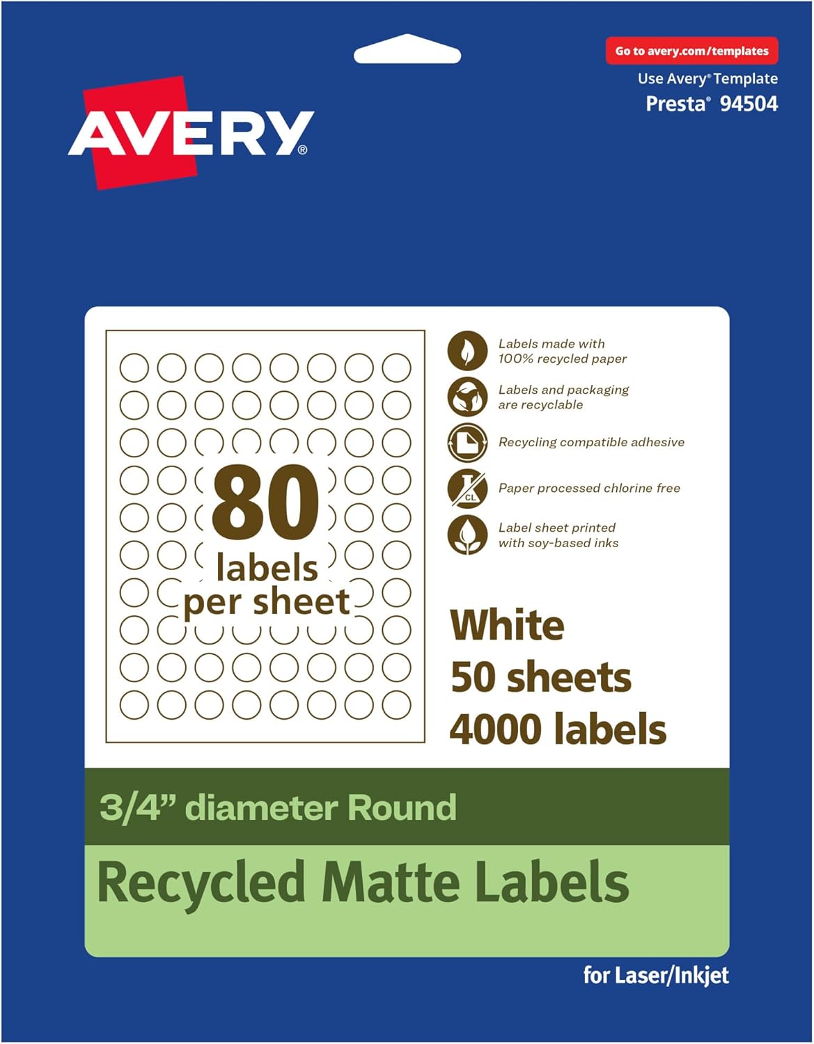 Avery EcoFriendly Matte White Recycled Round Labels, 0.75" Diameter, Print-to-The-Edge, Matte White Labels, Permanent Adhesive, Laser/Inkjet Printable, 4,000 Total