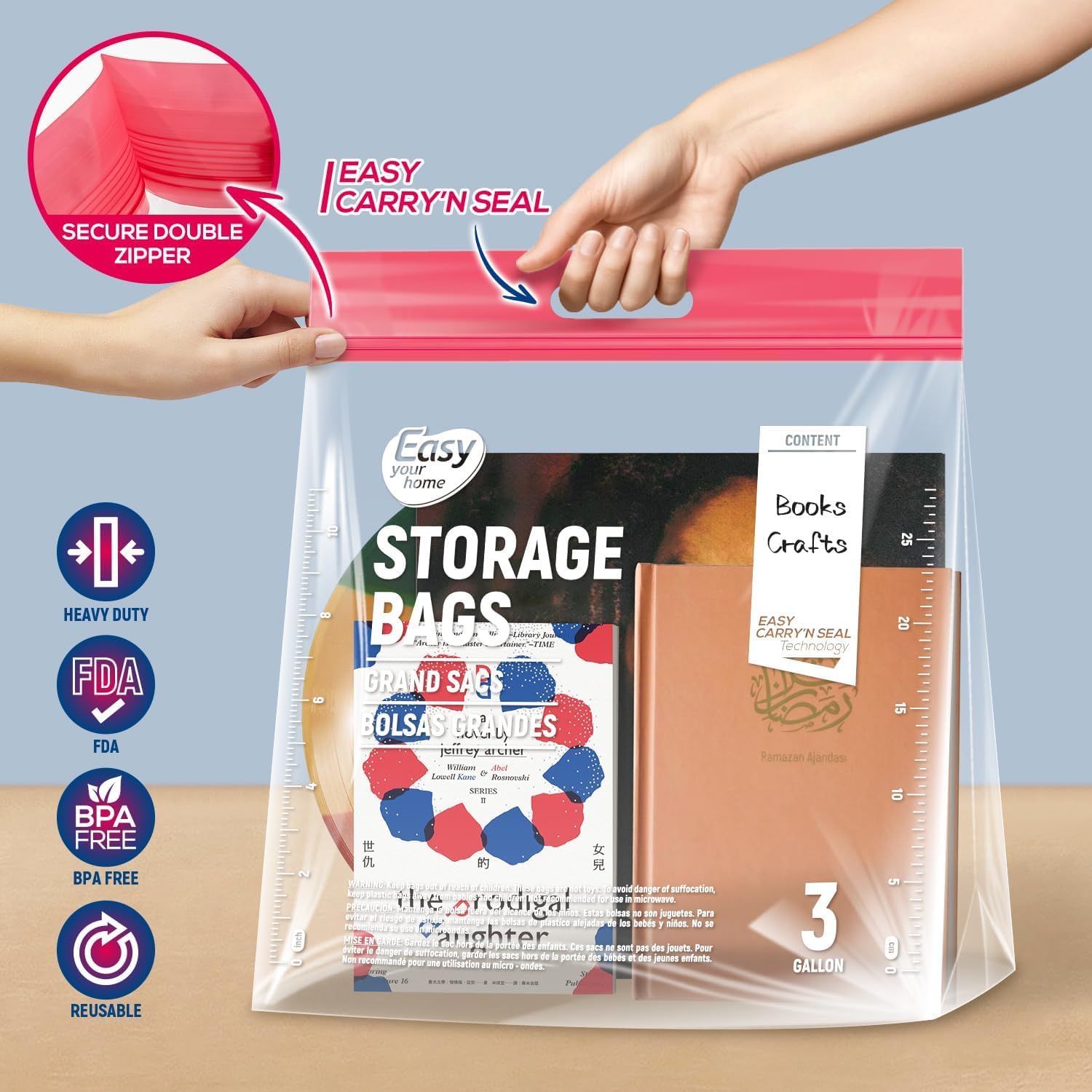 20PCS Extra Large Zipper Lock Storage Bags with Handle and bottom,3 Gallon Size,16"x18"+5",Reusable Plastic Bag with Double Zip Top for Clothing,Travel,Moving,Beach,BPA-Free,3-Mil Thick