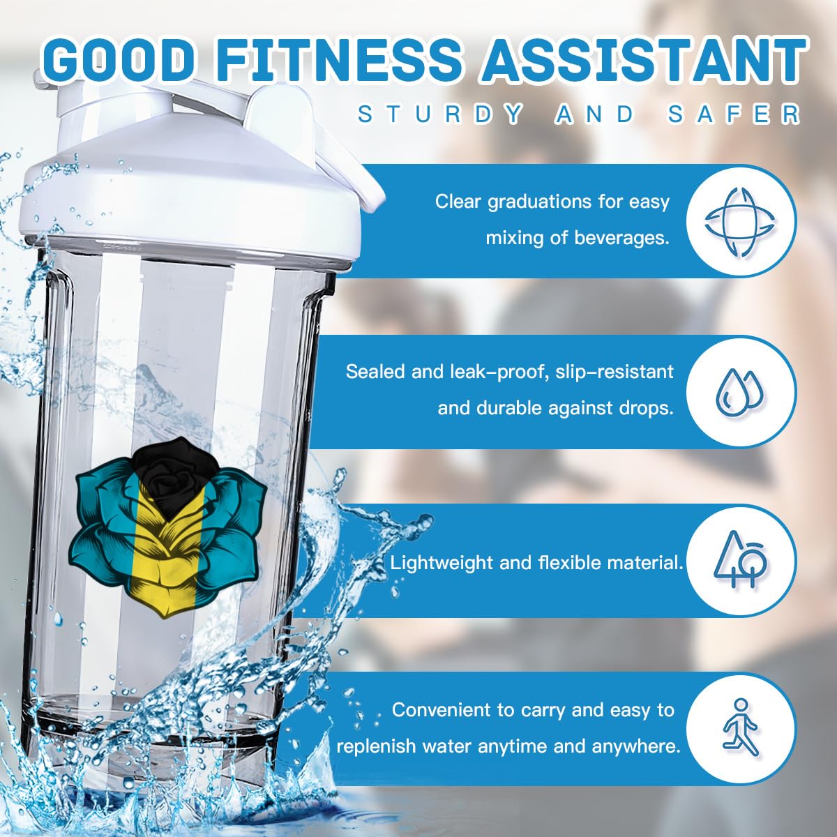 Rose Bahamas Flag 18 Ounce Shaker Bottle Drink Mixer Leak-proof Pre Workout Protein Shakes Meal Replacement Shakes Bottles 500ML/18 Oz White