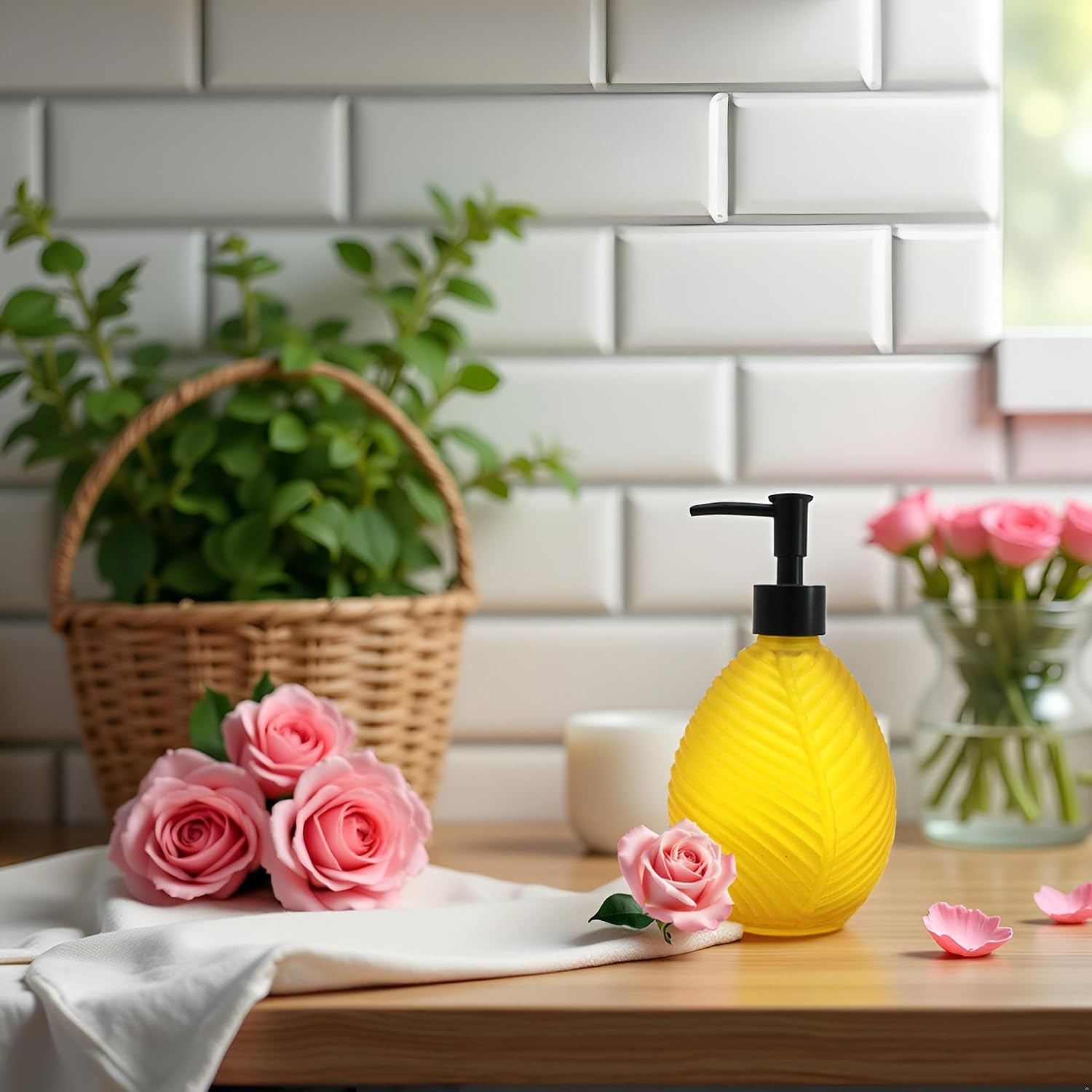 Glass Soap Dispenser for Kitchen, 500ML Hand Soap Dispensers Pump Bottles, Shower Liquid Soap Dispenser for Bathroom Hand Dish Shampoo and Conditioner Laundry Lotion Dispenser(Yellow)