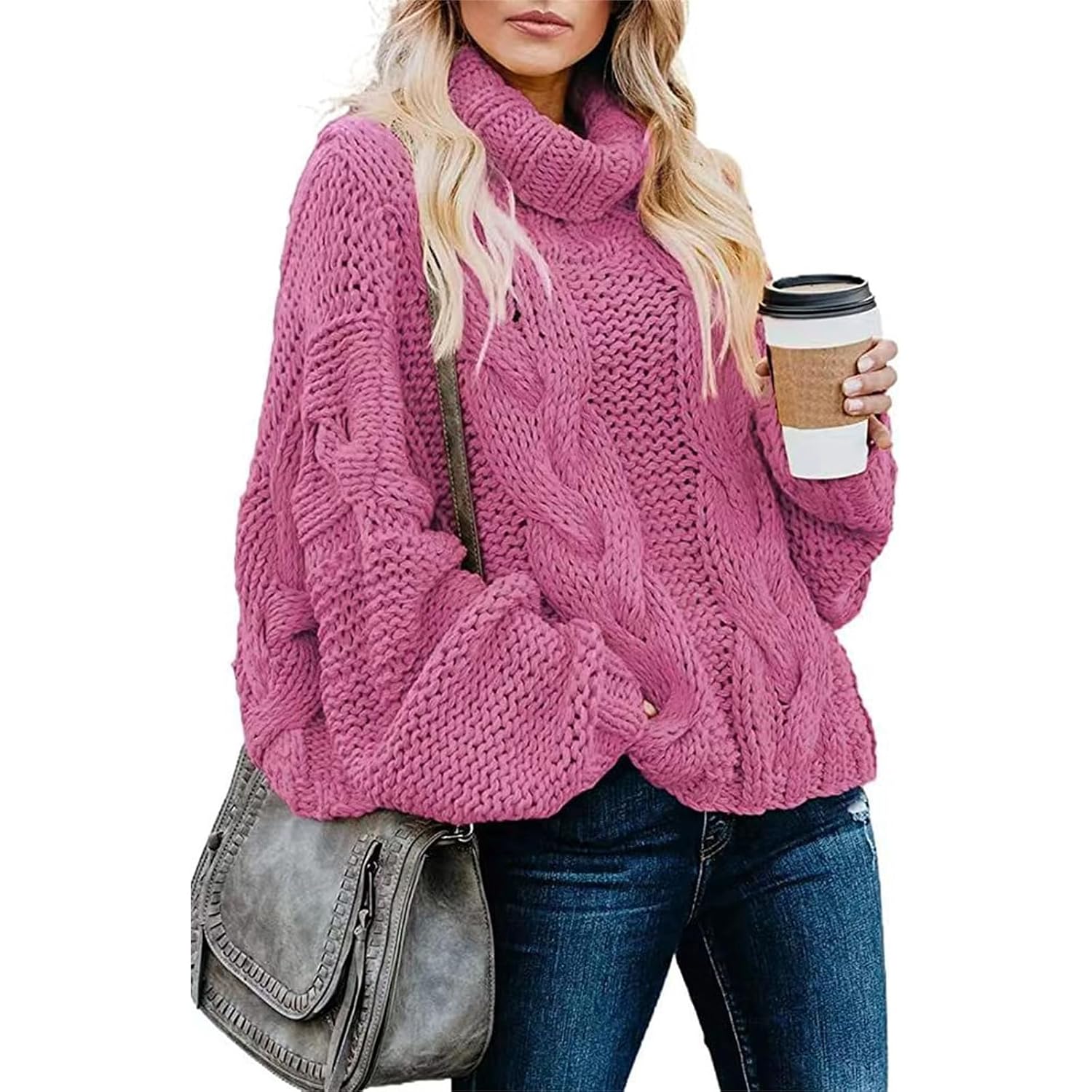 Womens Cable Knit Sweaters Turtleneck Long Sleeve Oversized Pullover Causal Chunky Jumper Tops Fall Loose Outwear