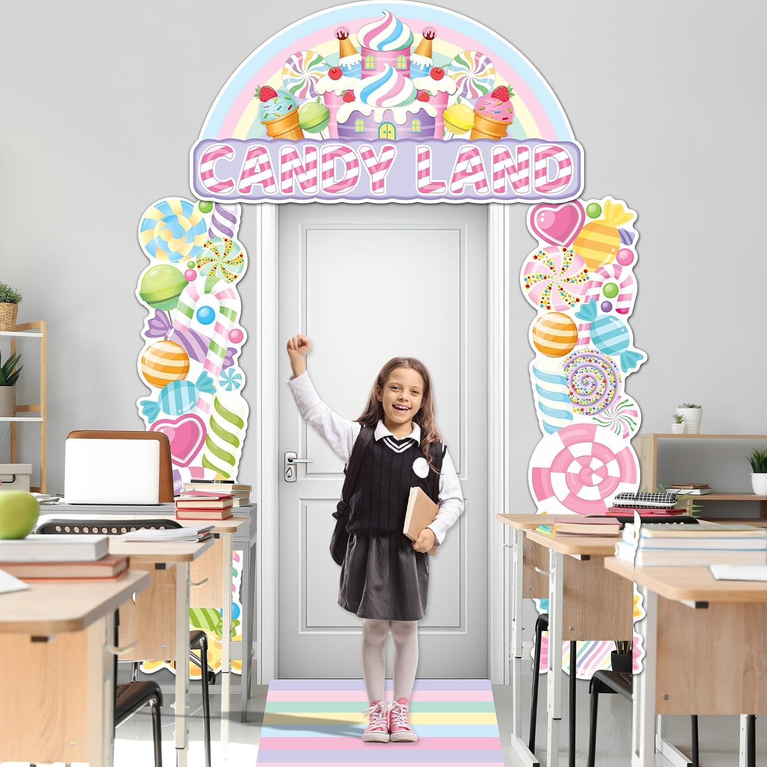 4pcs Sweet Land Party Decorations Pastel Lollipop Hanging Banners Candy Door Covers Supplies Candy Store Pastel Runner Rug Backdrop Porch Sign for Birthday Baby Shower Photo Booth Decors