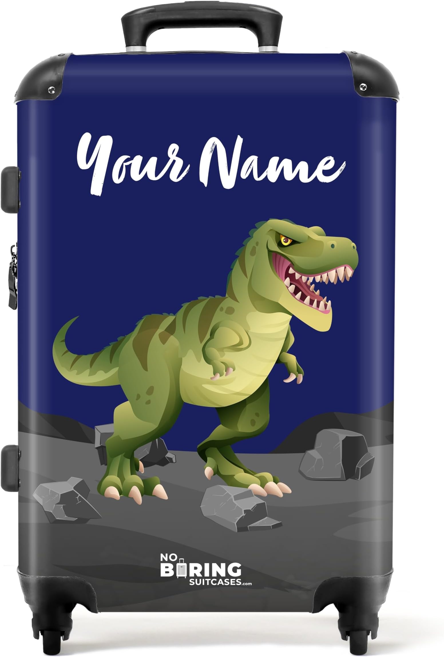 Children's Luggage Kids Suitcase for Boys - Personalised Large Hard Shell Luggage on Wheels - Green Dinosaur Dark Blue Background - 26-28 inch - 23kg