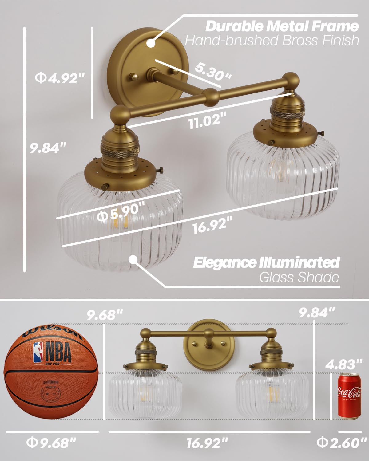 Double Vintage Wall Sconces 2-Lights Brass Gold Bathroom Vanity Light with Clear Striped Glass Shade Indoor Hardwire Wall Sconce Lighting for Bathroom Living Room Bedroom Kitchen