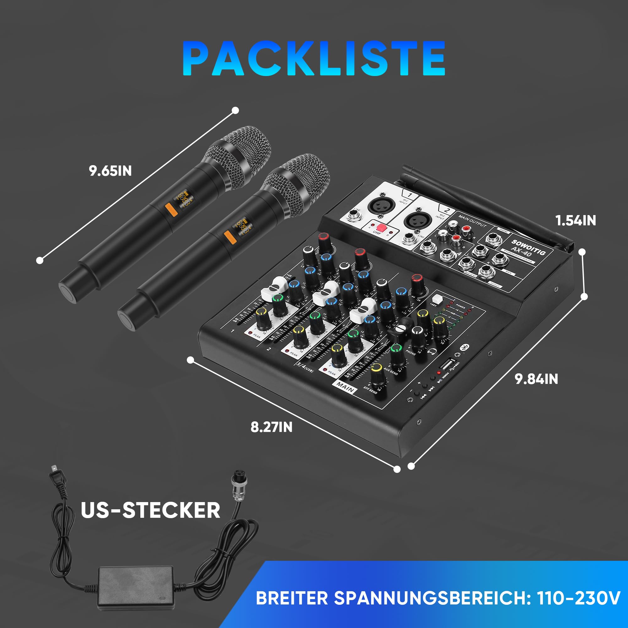 Table de mixage karaoké avec 2 microphones sans fil, table de mixage audio 4 canaux DJ, console de son, microphone sans fil, avec Bluetooth, port USB, alimentation fantôme 48 V pour