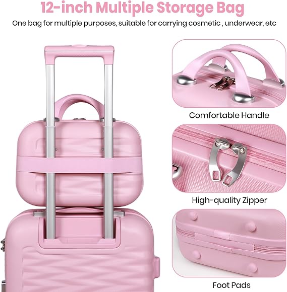 Suitcase Sets of 2 Piece Small Carry On Luggage 20 Inch Cabin Case with Beauty Case Lightweight ABS+PC Hard Shell Travel Suitcase with Spinner Wheels, Pink