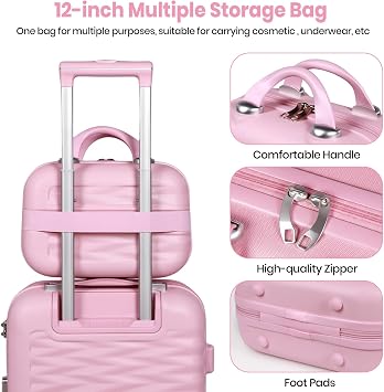 Suitcase Sets of 2 Piece Small Carry On Luggage 20 Inch Cabin Case with Beauty Case Lightweight ABS+PC Hard Shell Travel Suitcase with Spinner Wheels, Pink